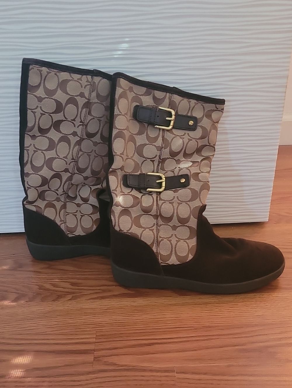 Coach Two-Tone Signature Canvas and Suede Mid-Calf Boots in Brown and Tan Fur
